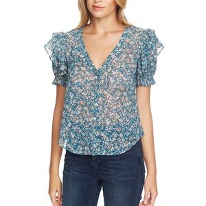 NWOT 1.State Womens Sheer Floral Short Sleeve V Neck Blouse